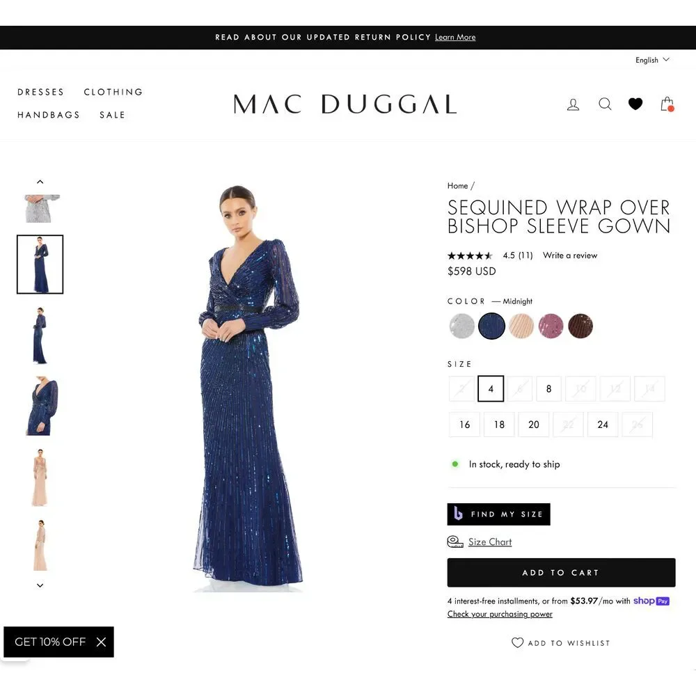NWT $598 Mac Duggal [ 12 ]‎ 5501 Sequined Wrap Over Bishop Sleeve Gown Blue - Picture 3 of 16